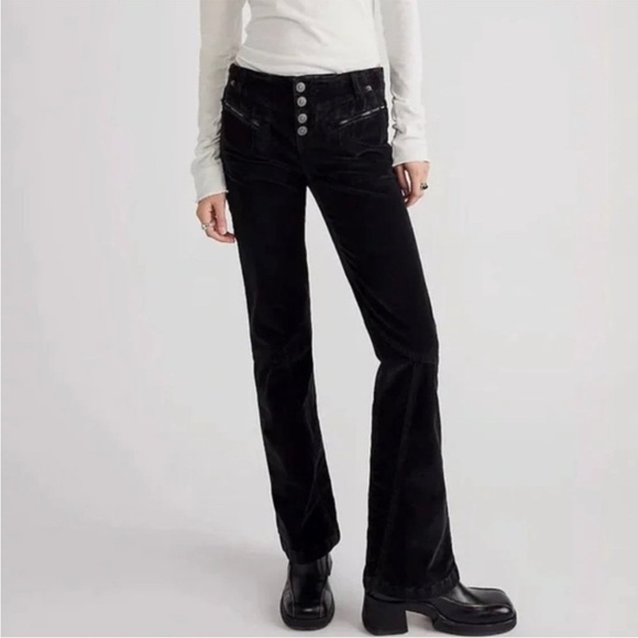 Free People Hit Back Slim Flare Pants Black Corduroy Stretch Biker Boho Retro 12 - Picture 1 of 15